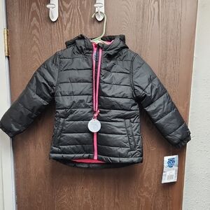 Kids Black Puffer Jacket with Pink Trim